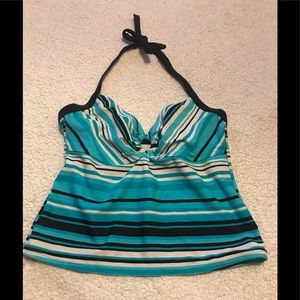 Covington 12 aqua, white &  black stripe halter swim tankini top